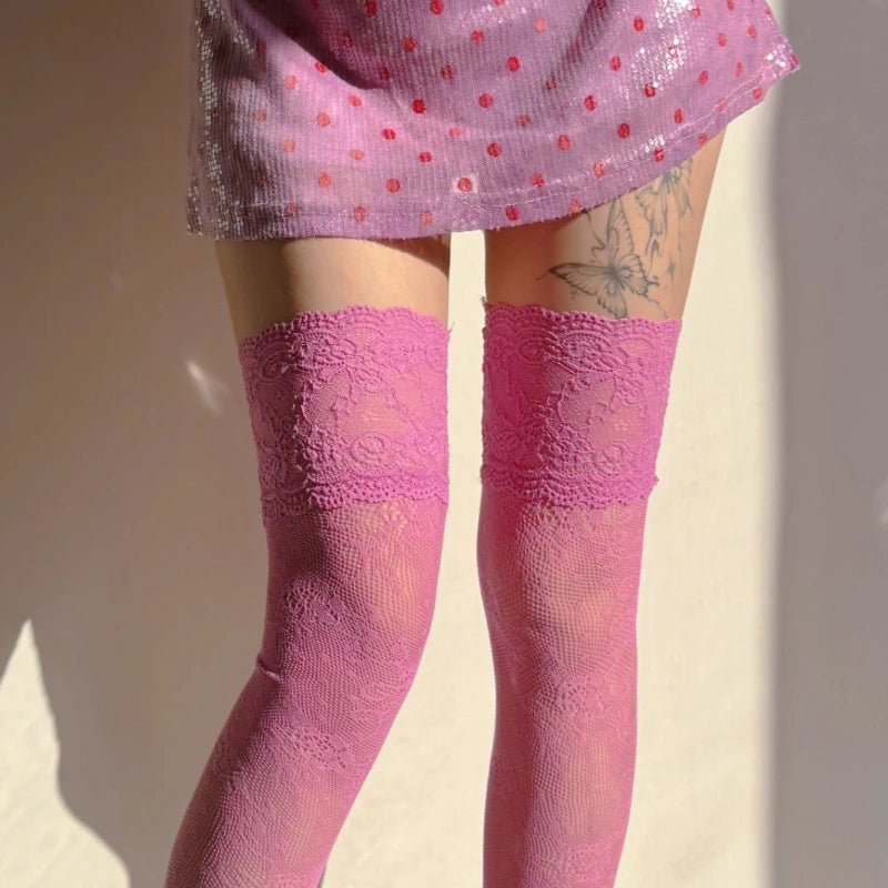 Women's Sexy Lace Floral Fishnet Stockings Costumes JK Lolita Thigh High Socks Nylon Mesh Breathable Over The Knee Stockings 