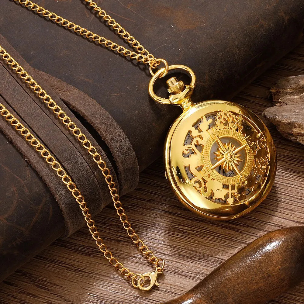 Antique Steampunk Vintage Arabic Numerals Quartz Pocket Watch Gold Case Necklace Pendant Clock Chain Mens Women