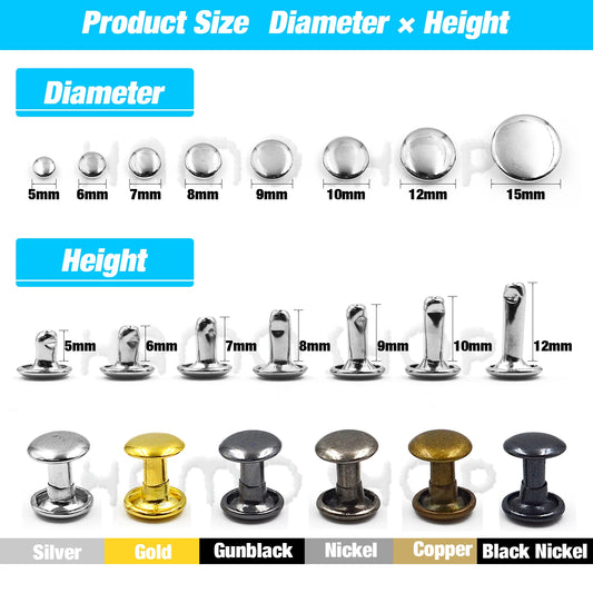 100Sets 5-15mm Metal Double Cap Rivets Stud Round Nail Rivet For Leathercraft Accessories Repair Shoes Bag Belt Clothing Garm