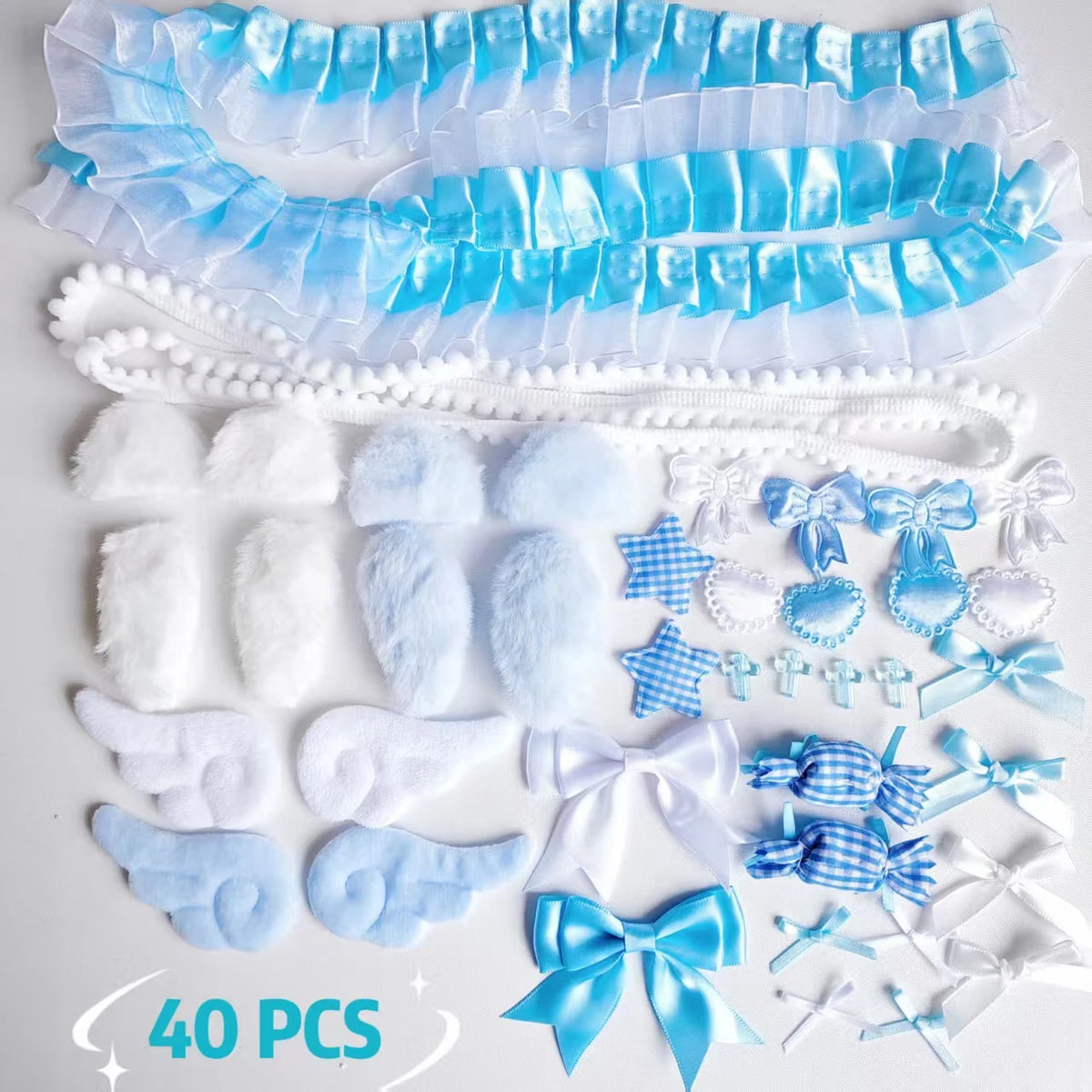 40 Pieces of Lace Handmade Material Kit, Lace Plush Bunny Ears, Angel Wings Accessories, Clothing Accessories, Heart and Star