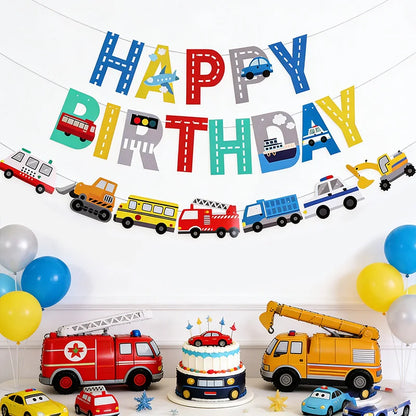 Cartoon Car Happy Birthday Banner Kids Boys Construction Vehicle Garland Birthday Party Decoration Favors Baby Shower Supplie