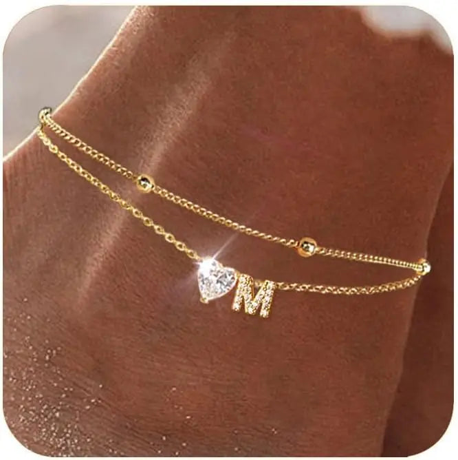 Ankle Bracelets for Women Waterproof 14K Gold Plated CZ Initial Dainty Layered Heart Anklets Foot Chain Summer Beach Jewelry 