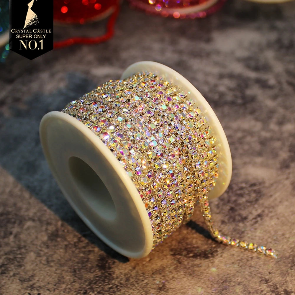 Rhinestones Chain Roll Tassel 1/10Yard Crystal Ribbon Strass Banding Sew On Gold Rhinestone Trim Strip Cup Chains For Needlew
