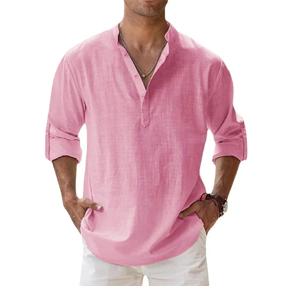 Cotton Linen Men's Long Sleeve Shirts Summer Solid Color Henley Collar Casual Beach Style Hawaiian Vacation