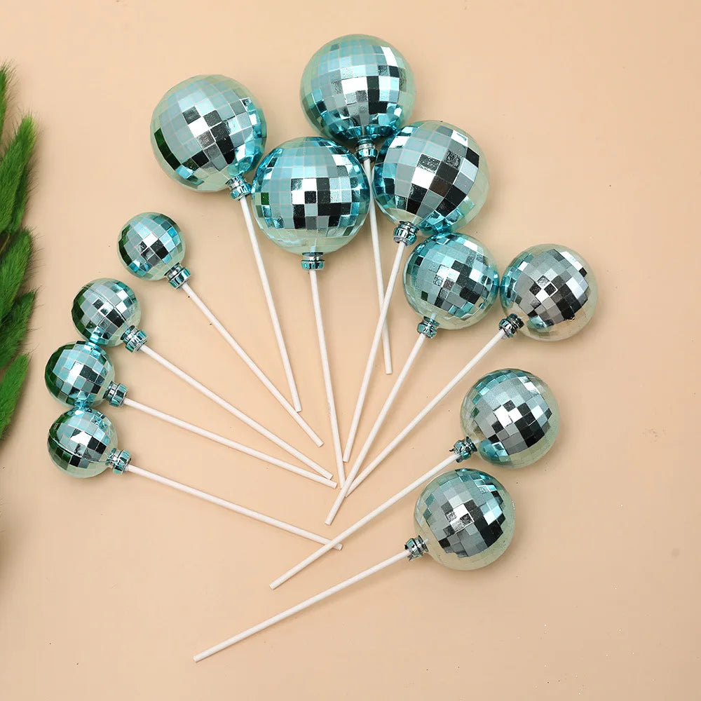 12pcs Silver Disco Ball Cake Topper 1970s Disco Theme Birthday Party Cake Decoration Cowboy Cowgirl Birthday Supplies