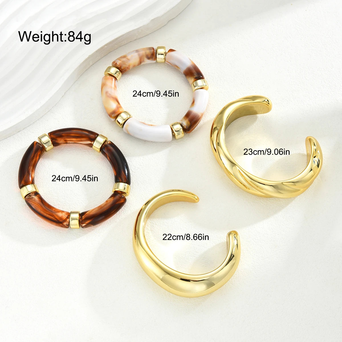 4pcs Vintage Minimalist Elegant Brown Resin Elastic Bangle Set Gold Color Smooth Open Bracelets For Women Daily Holiday Jewel