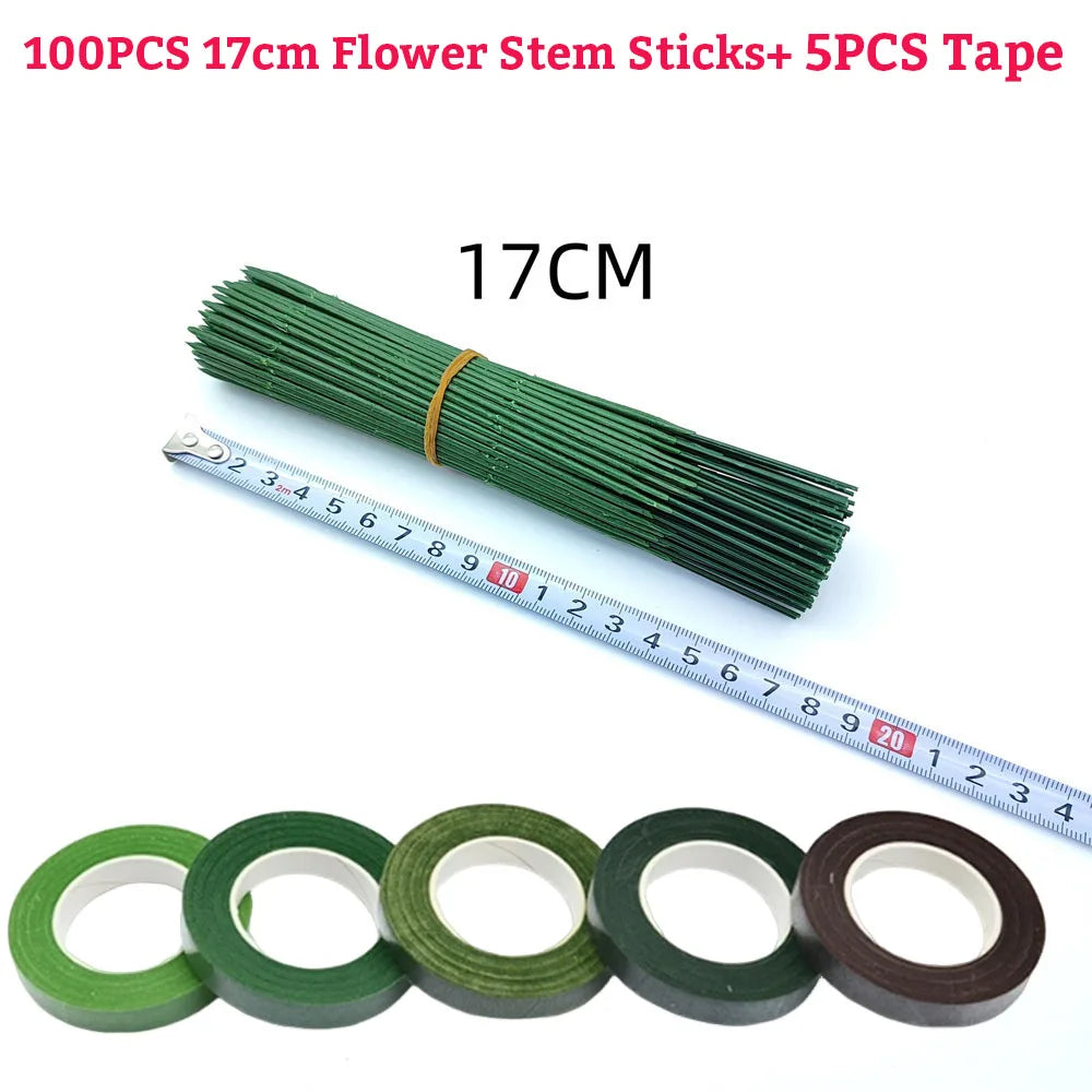 Green Flower Stem Sticks DIY Floral Material Handmade Wire Stem Floriculture Tape Self-adhesive Bouquet Floral Stem Paper Tap