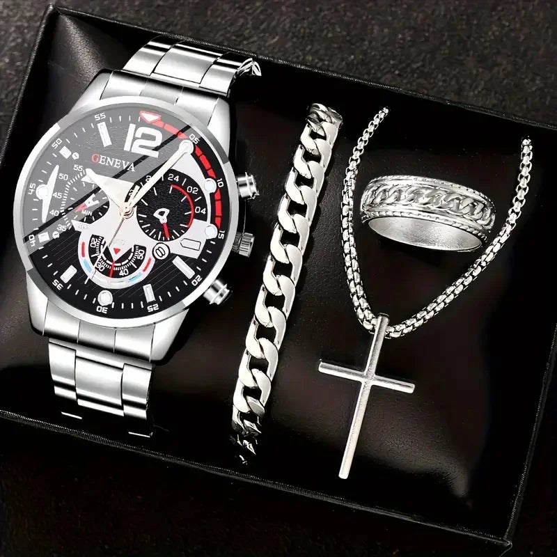 4pcs gold alloy Roman with calendar men's quartz watch and cross necklace bracelet ring set selected gift，Boxes not included 