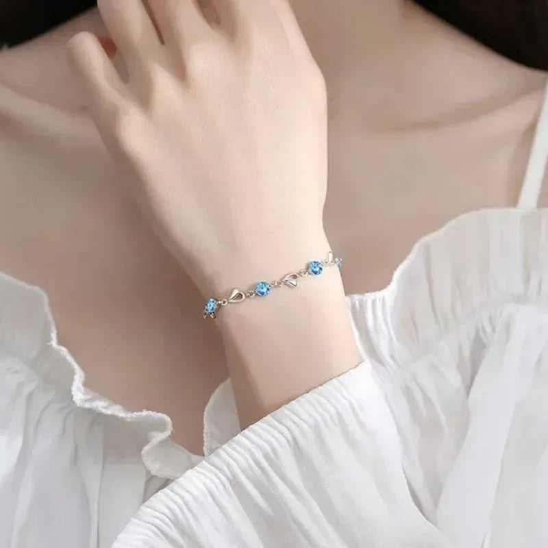925 Sterling Silver Heart Shaped Necklace Bracelet Set for Women Vintage Korean Blue Crystal Bracelets Jewelry Set Party Jewe