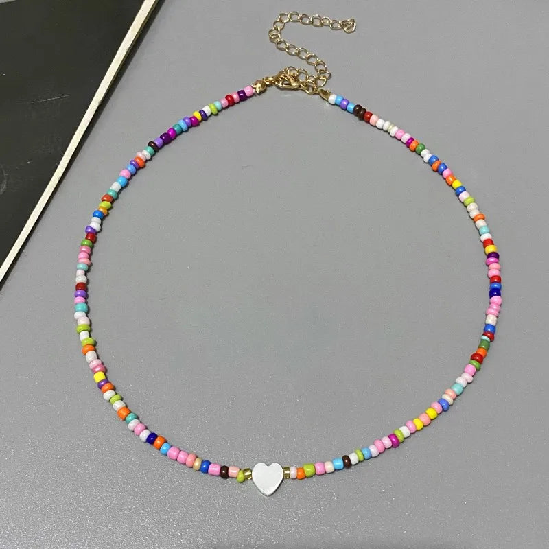 New Nature Shell Love Heart Choker Necklace for Girl Spring Summer Fashion Small Colorful Glass Beads Necklace Gift for Frien