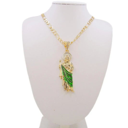 Saint Jude Necklace 14K Gold Plated San Judas Pendant Figaro Chain