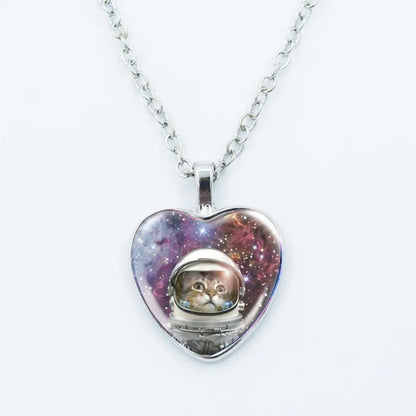 Cute Funny Rainbow Alien Cat Heart Pendant Necklace Animal Shape Art Photo Glass Cabochon Jewelry Children's And Women's - 6