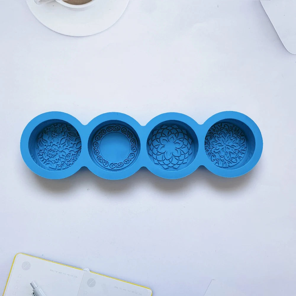3D Handmade Silicone Soap Mold 4 Types Flower Soap Making Mould DIY Circular Shape Soaps Craft Tools Round Mooncake Mold - bl