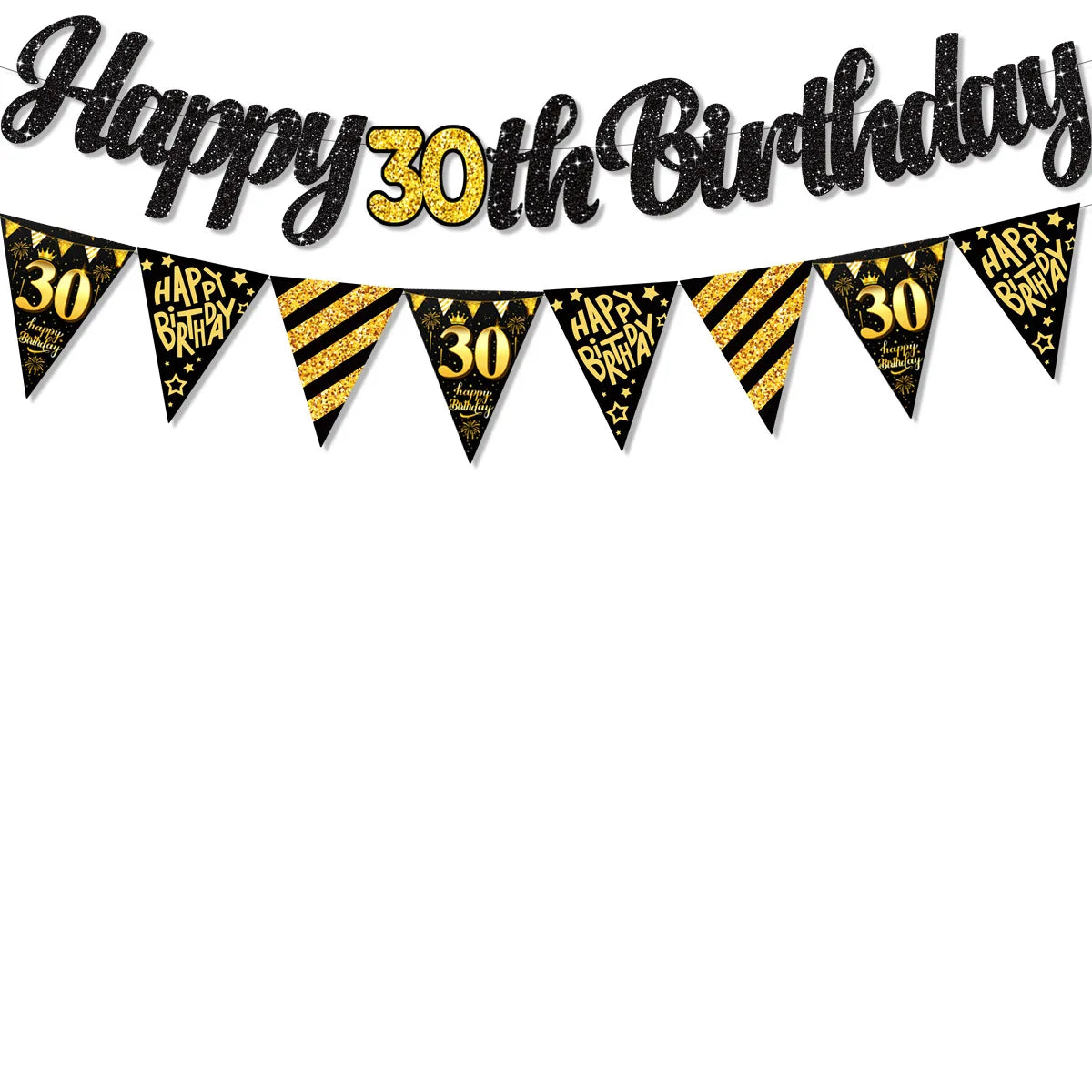 Black Gold Happy 21 30 40 50 60 70th 80th 90th Birthday Banner Garland Hanging for DIY Adult Party Decoration - 30