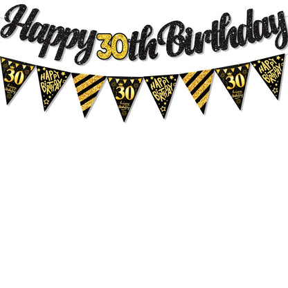 Black Gold Happy 21 30 40 50 60 70th 80th 90th Birthday Banner Garland Hanging for DIY Adult Party Decoration - 30