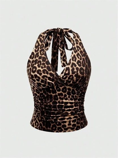 Solid V-neck Backless Halter Crop Top for Women Summer Sexy Y2K Sleeveless Ruched Top Streetwear - Leopard / S