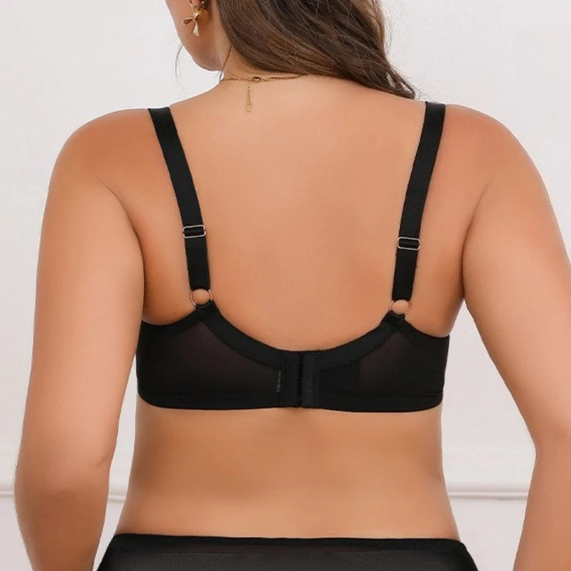 Lace Plus Size Bra Thin Mesh Embroidery Full Cup Gathering Top Support Slim Fit Underwear