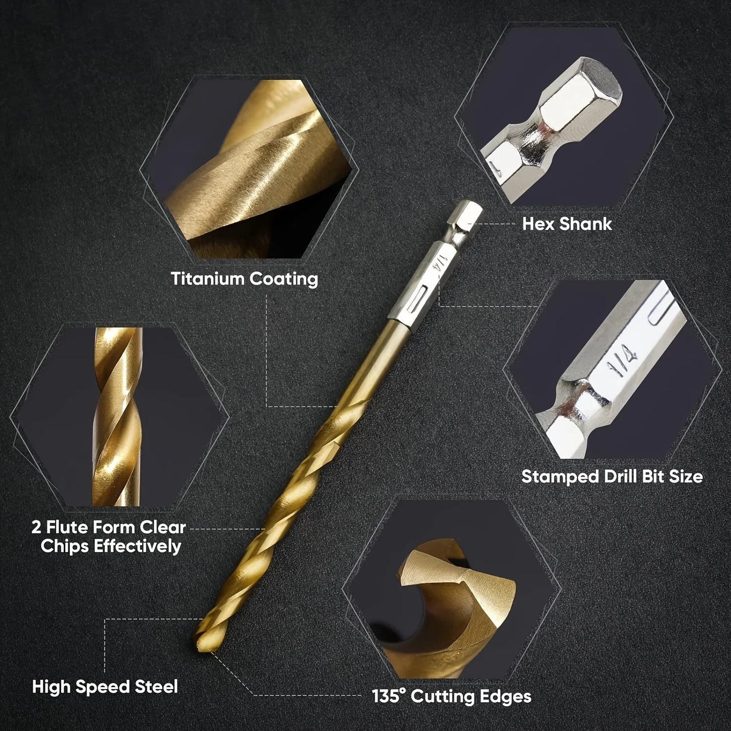 50/99pcs Titanium Coated High Speed Steel Drill Bit Set Hex Shaft Straight Spiral Twist Bits for Metal Wood Plastic Drilling