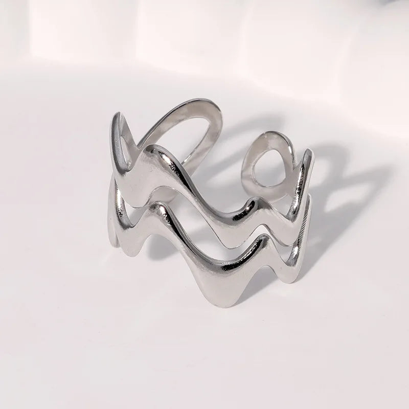 Stainless Steel Irregular Wave Rings for Women Men Creative Gold Color Adjustable Opening Rings Female Statement Jewelry Gift