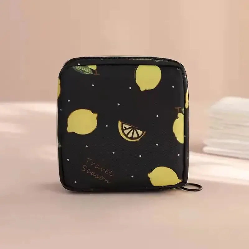 Women Sanitary Napkin Tampon Storage Bag Portable Waterproof Organizer Pouch Cartoon Pattern Sanitary Napkin Bag - Black Lemo