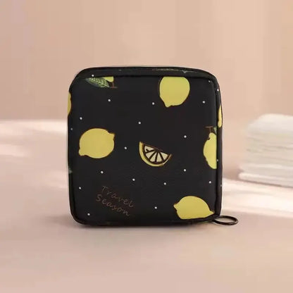 Women Sanitary Napkin Tampon Storage Bag Portable Waterproof Organizer Pouch Cartoon Pattern Sanitary Napkin Bag - Black Lemo
