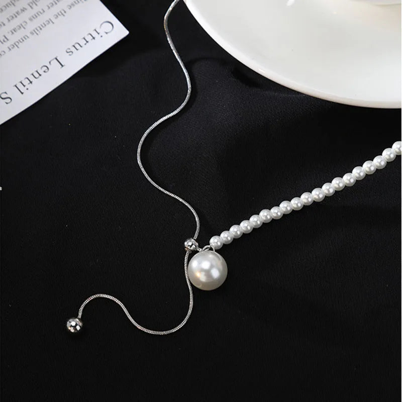 Chic Pearl Lariat Necklace Gold Chain Adjustable Minimalist Sweater Chain Jewelry for Women Statement Neck Jewelry Accessory 