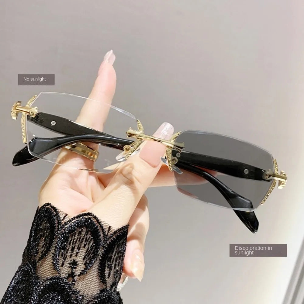 Fashion Y2K Vintage Frameless Cut Edge Glasses Anti Eyestrain Metal Anti-Blue Light Glasses Travel Eyewear Eye Protection