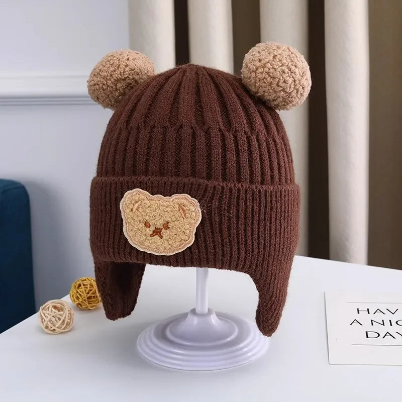 Baby wool hat cute bear ear protection hat children winter thickened warm knitted Korean version of the baby hat - Dark Coffe
