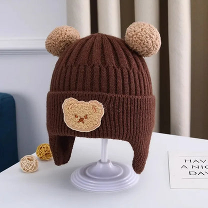 Baby wool hat cute bear ear protection hat children winter thickened warm knitted Korean version of the baby hat - Dark Coffe