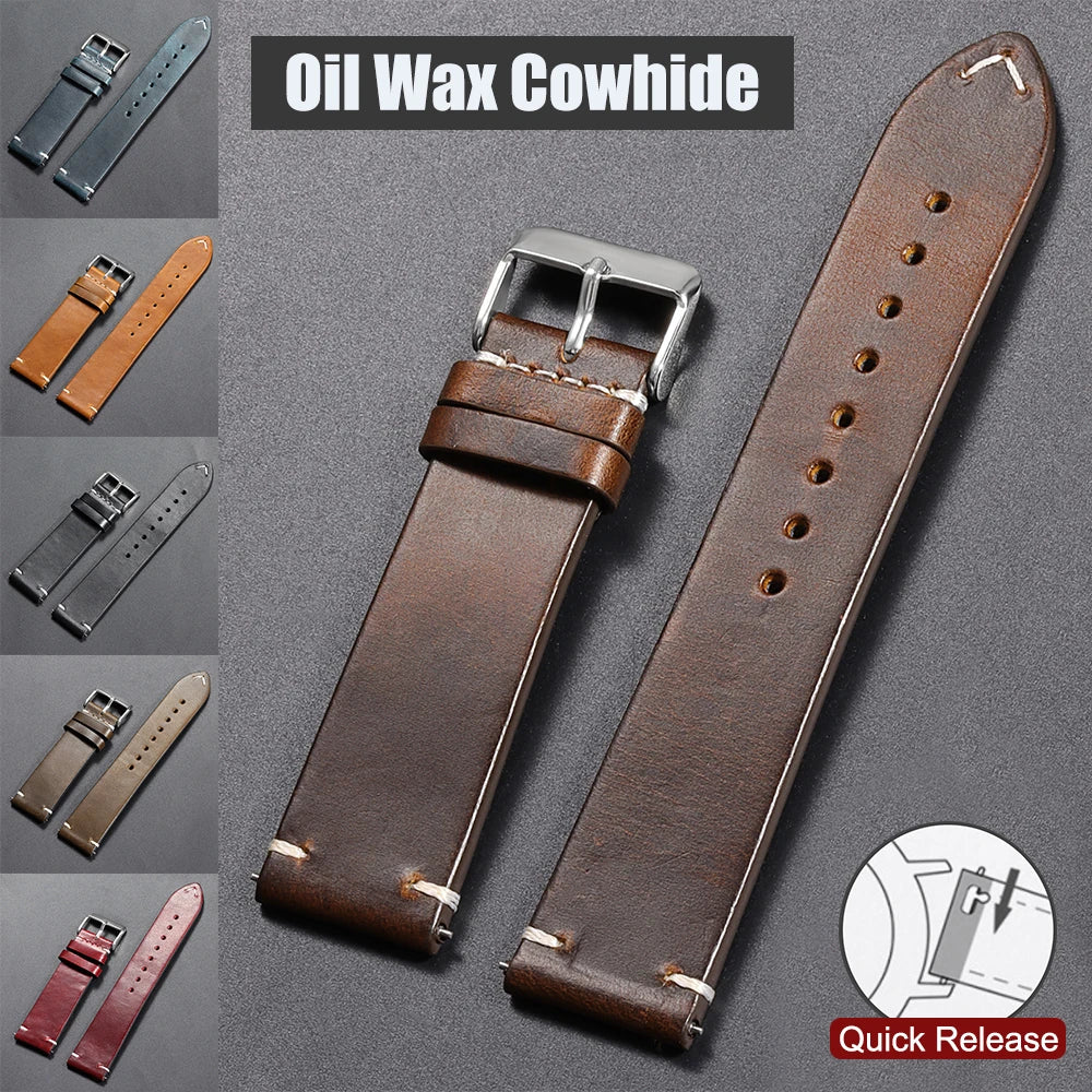 18mm 20mm 22mm Vintage Oil Wax Leather Watchband 19mm 21mm 24mm Universal Stitching Cowhide Strap for Seiko for Omega Watch B