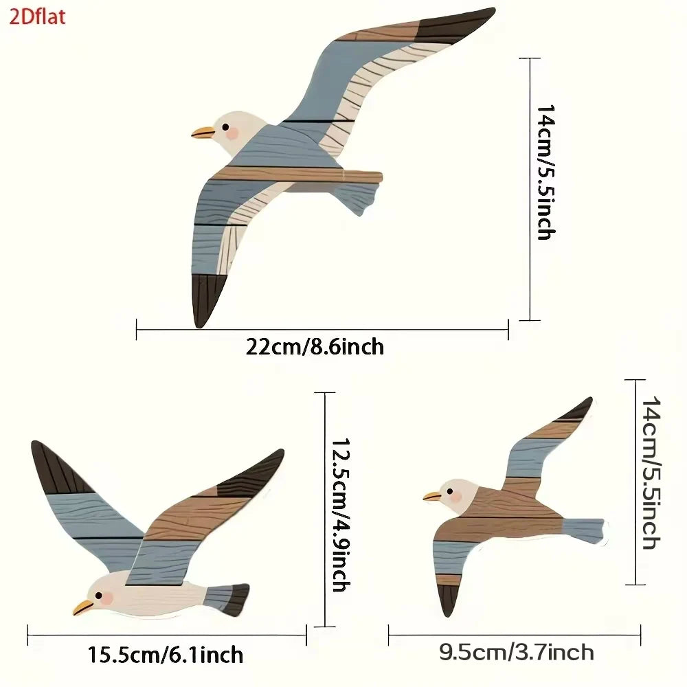 3PCS Wooden Seagull Wall Decorations Nautical Coast Theme Retro Beach Marine Bird Living Room Bedroom Wall Art Decoration - 3