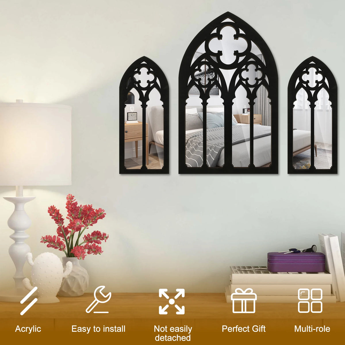 3Pcs Gothic Mirrors Wall Decor Arched Decor Mirror Wall Mounted Goth Room Decor Vintage Cathedral Window Mirror Entry Mirror