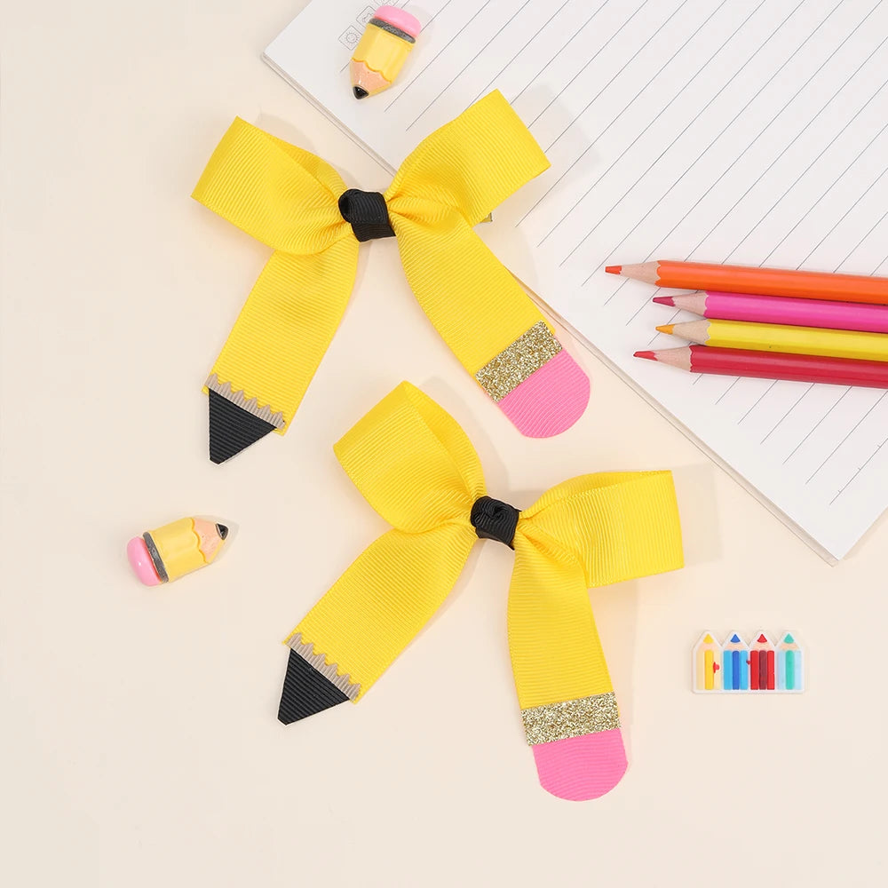 2Pcs Pencil Bow Hair Clips Cute Hairpins Kawaii Back To School Barrette For Girls Children Kids Headdress Headwear Accessorie