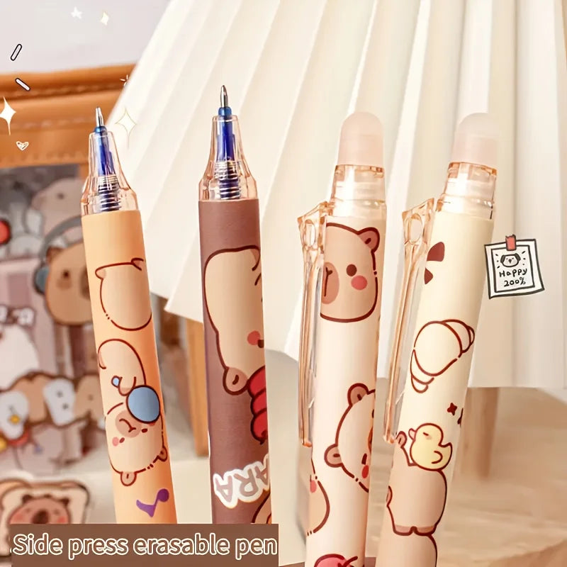6pcs Cute Capybara Erasable Gel Pens | 0.5mm Retractable Blue Ink for School & Office | Smooth Writing & Quick-Drying (6 Colo