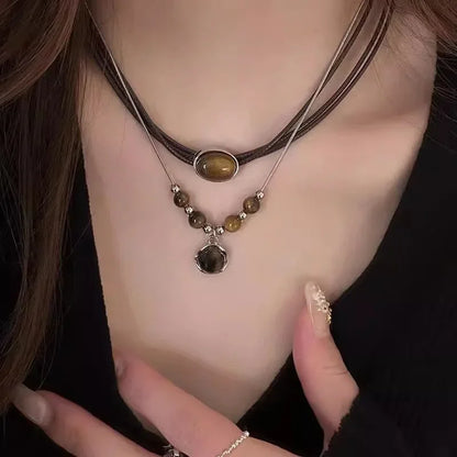 Vintage Leather Brown Stone Pendant Necklace Women's Retro Stacking Choker Temperament Clavicle Chain Hip Hop Jewelry Accesso
