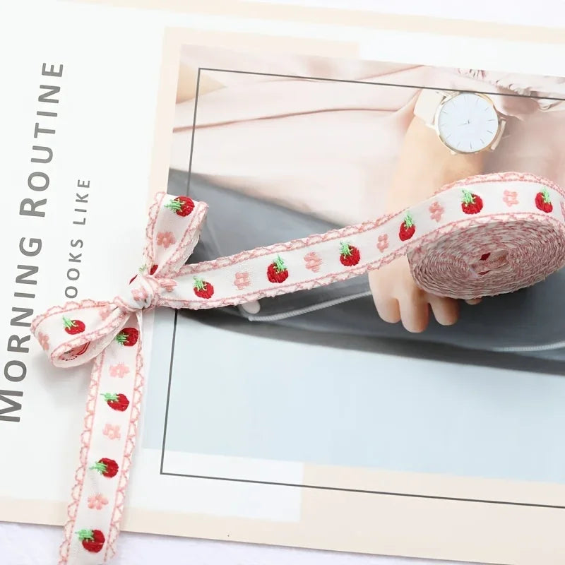 1pc 1m Jacquard Embroidery Webber Ribbon, DIY Handmade Bow Hair Accessories, Headgear Material, Gift Wrap Fabric - Cherry sty