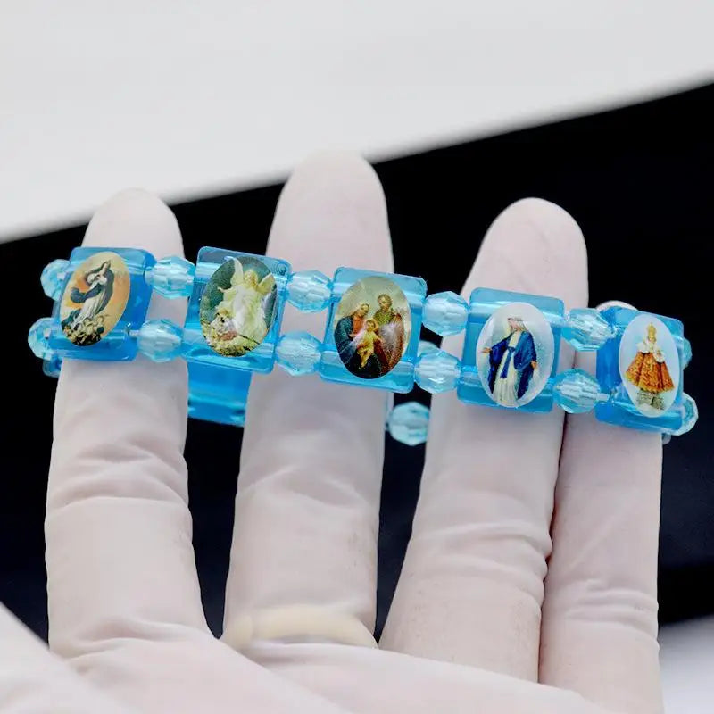 Vintage Jesus And Virgin Mary PVC Rosary Bead Bracelet With Elastic Band Religious Image Stickers For Daily Wear Parties - A5
