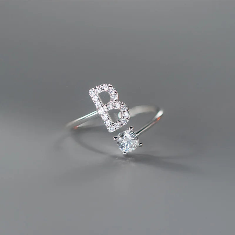 Zircon Initial A-Z Letter Ring For Women Metal Adjustable Opening Ring Name Alphabet Female Wedding Gift Anillos Mujer - B