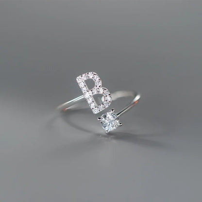 Zircon Initial A-Z Letter Ring For Women Metal Adjustable Opening Ring Name Alphabet Female Wedding Gift Anillos Mujer