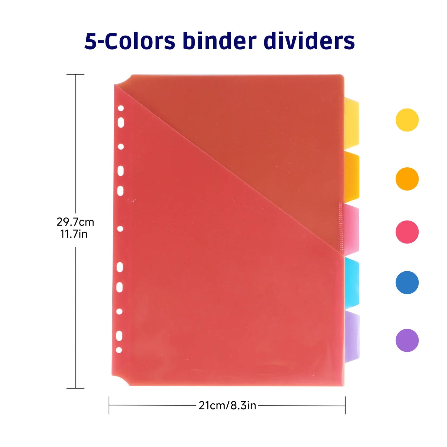 10-Pack 5 Color Binder Dividers with Pockets & Tabs, A4 PP Index Dividers for 2/3/4/11 Ring Binders, Office School Organizati