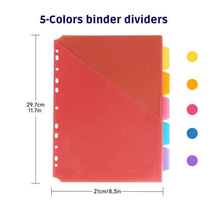 10-Pack 5 Color Binder Dividers with Pockets & Tabs, A4 PP Index Dividers for 2/3/4/11 Ring Binders, Office School Organizati