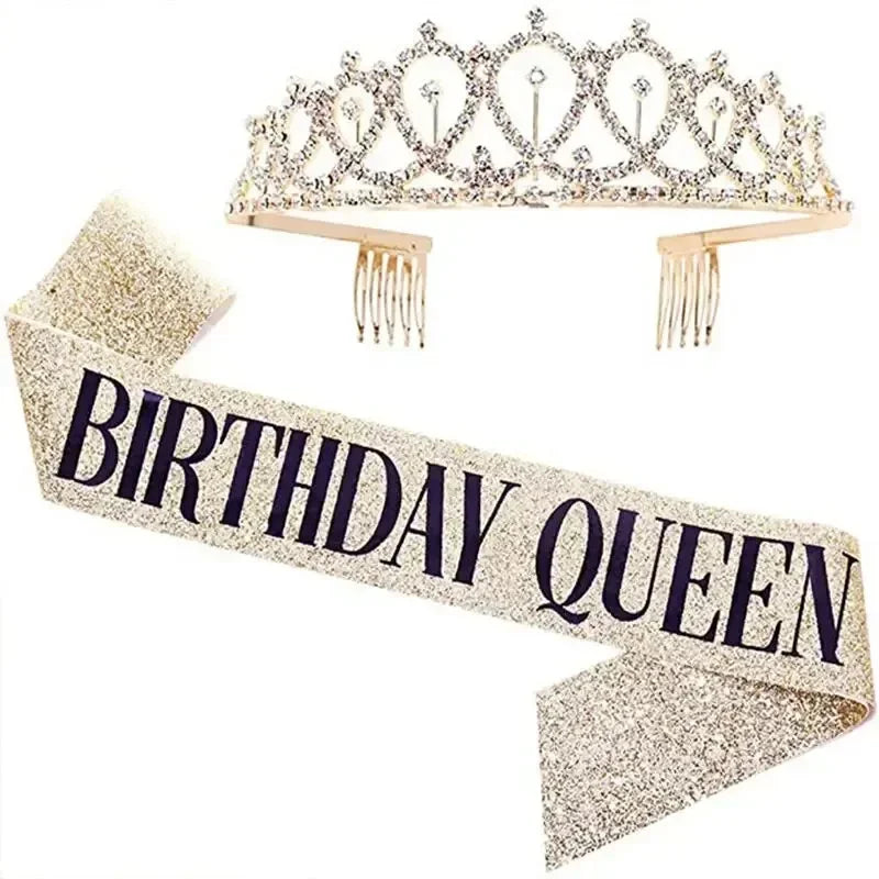 Bling Rhinestone Crystal Crown Tiara Birthday Anniversary Decoration Happy 18 21 30 40 50th Birthday Satin Sash Party Supplie