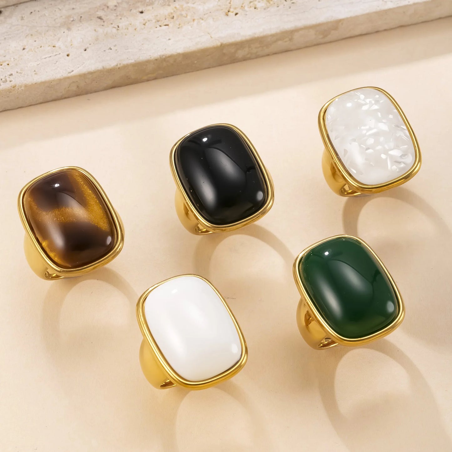 Vintage Natural Stone Ring for Women Stainless Steel Gold Color Ring Gold Plated No-Fading Jewelry
