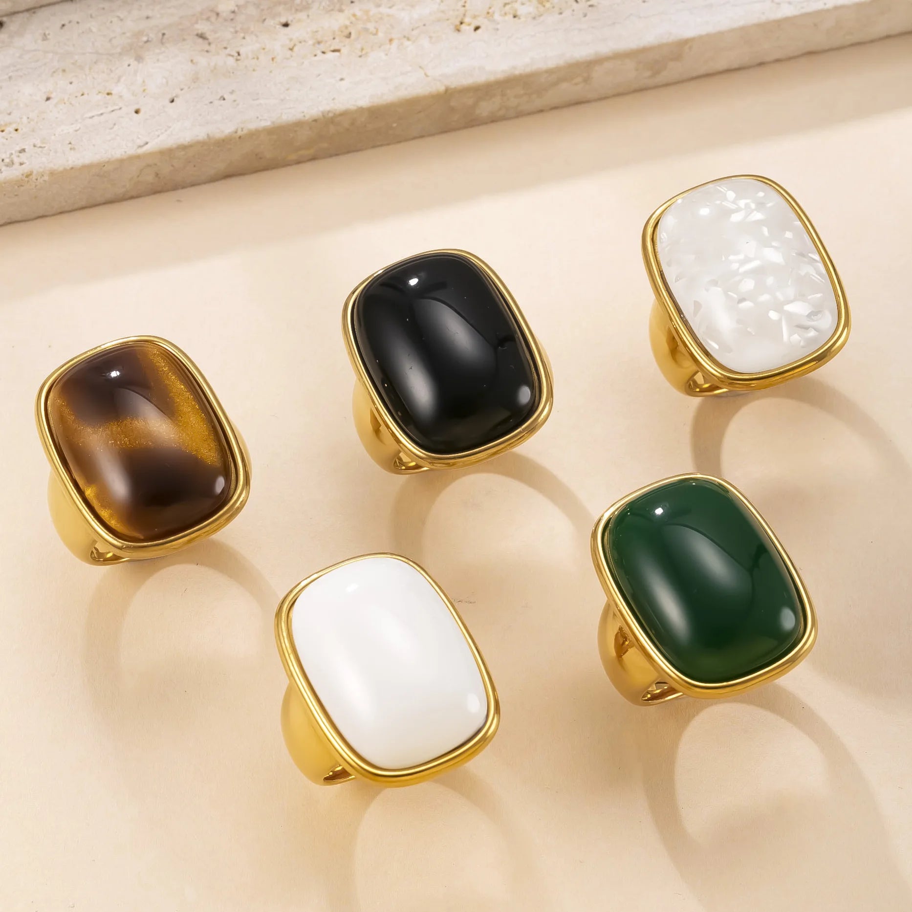 Vintage Natural Stone Ring for Women Stainless Steel Gold Color Ring Gold Plated No-Fading Jewelry