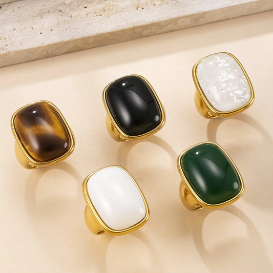 Vintage Natural Stone Ring for Women Stainless Steel Gold Color Ring Gold Plated No-Fading Jewelry