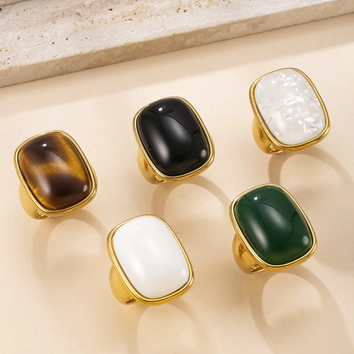 Vintage Natural Stone Ring for Women Stainless Steel Gold Color Ring Gold Plated No-Fading Jewelry