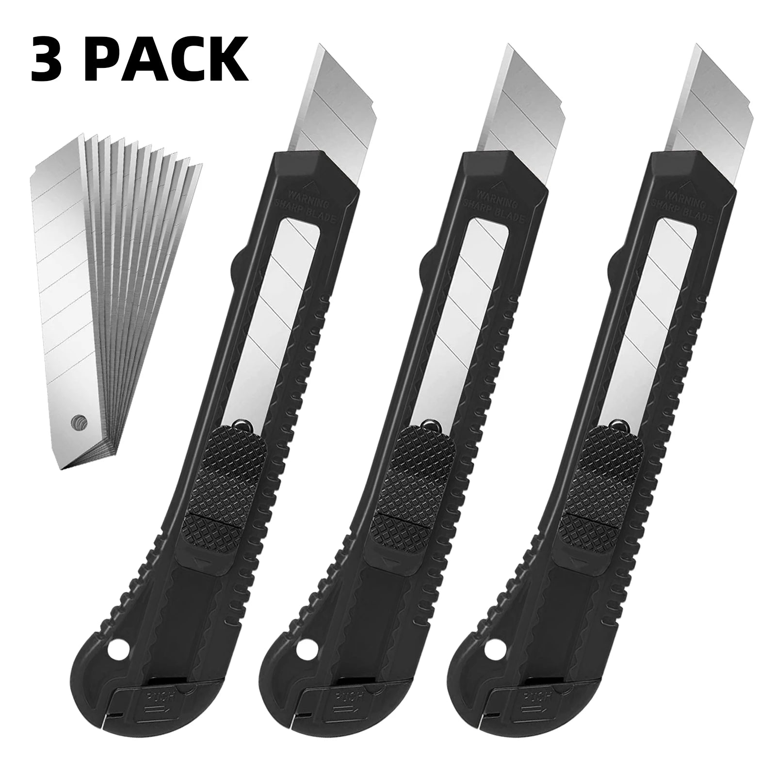 3 Pack Utility Knife Box Cutter Retractable, Compact Box Knife for Cartons, Cardboard and Boxes, with 10 Piece 18mm Wider - 3