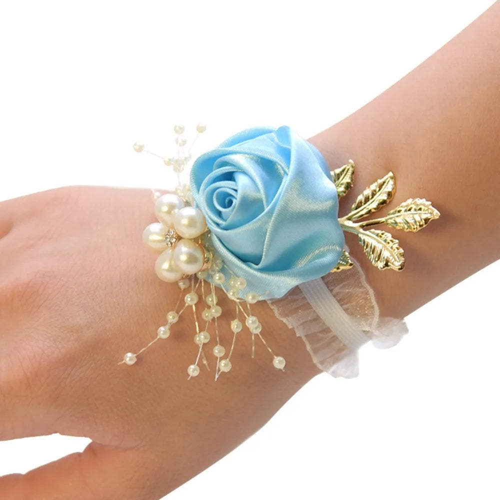 Bridesmaid Wrist Flowers Rose Corsage Pearl Polyester Ribbon Bracelet Wedding Accessories