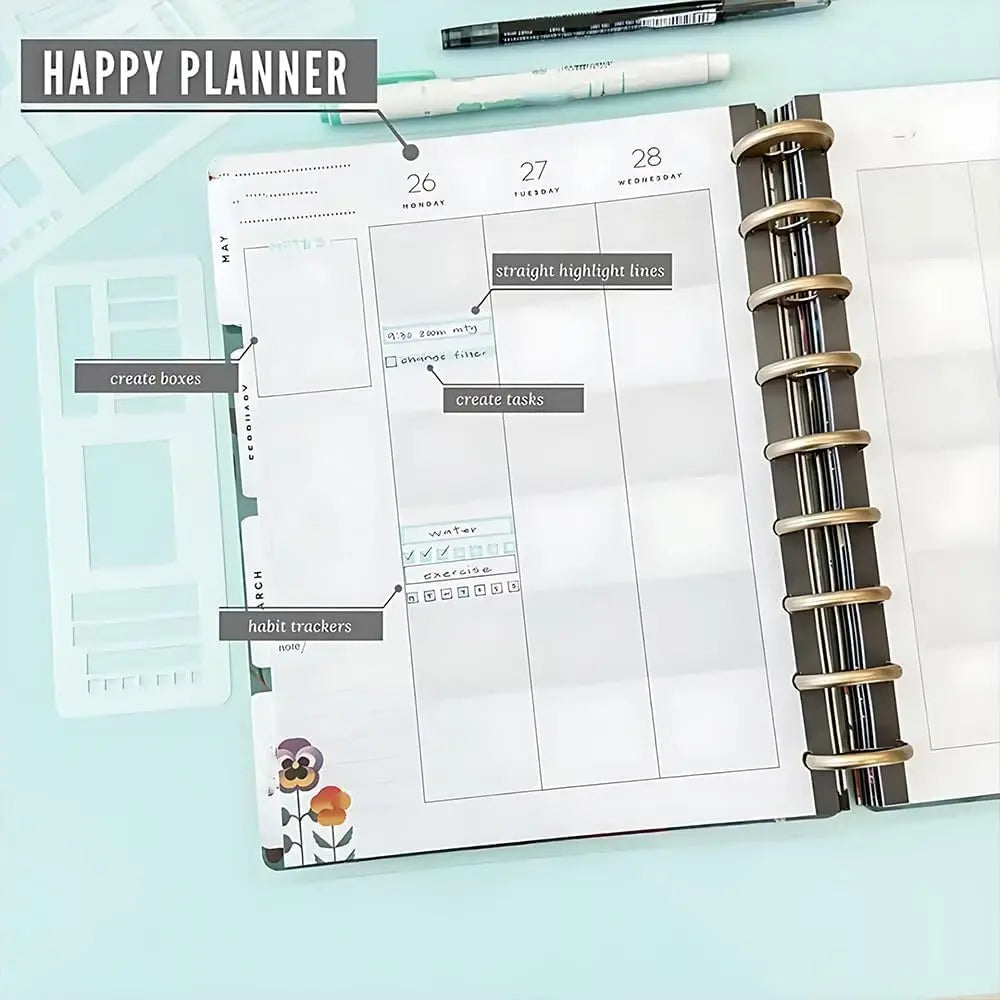 3Pcs Handmade Flexible Record Template Reusable Stencils Drafting Tools For Journaling Checklists Boxes Lines & Daily Plannin