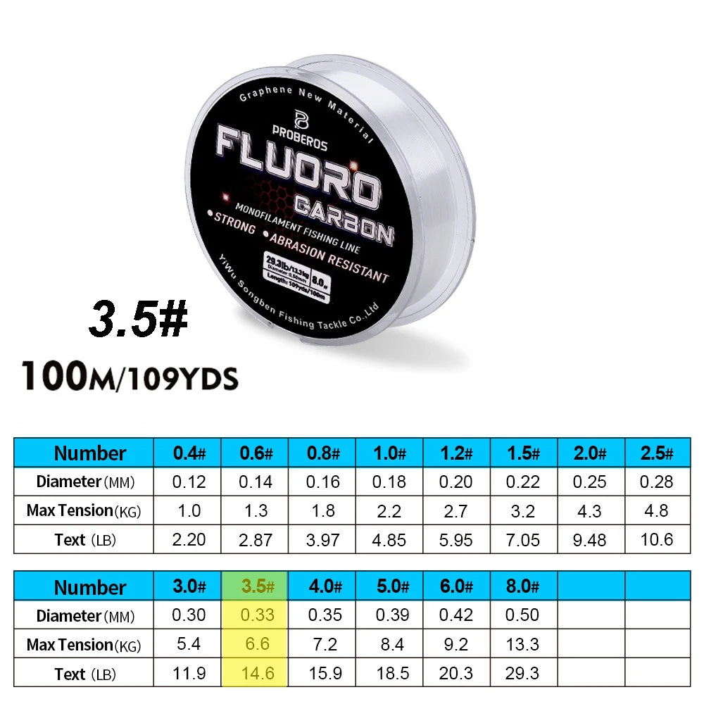 PROBEROS 100M Fluorocarbon Coating Fishing Line 2.2LB-29.3LB Carbon Fiber Monofilament Leader Line Carp Fishing Sinking Line 